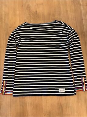 Talbots Navy & White Striped Long Sleeve Tee with Rainbow Button Cuffs